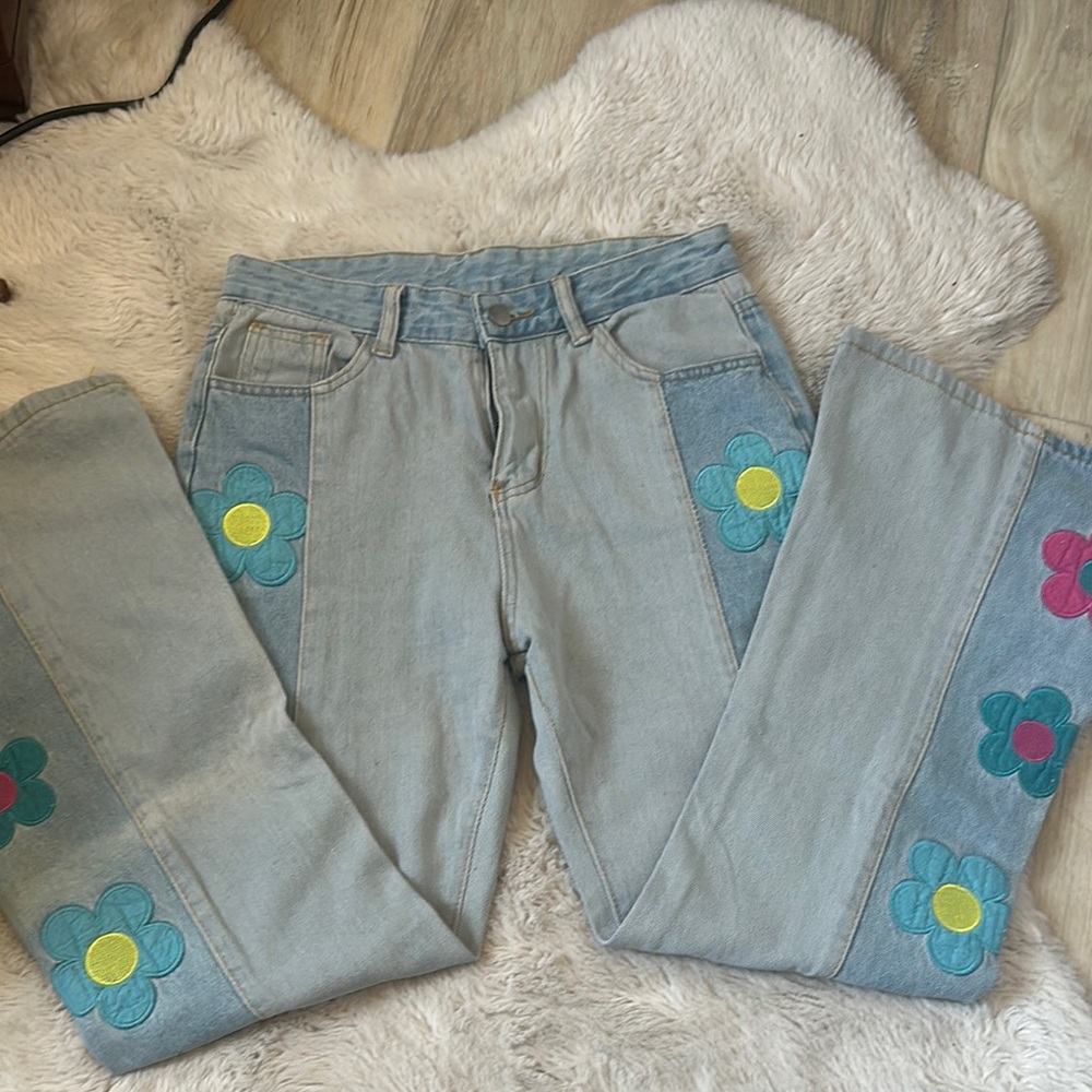 Blue and Yellow Flare Wide Leg Jeans